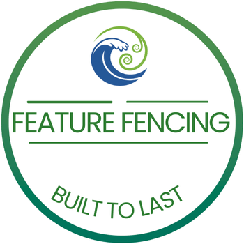 “Feature Fencing logo with a blue and green wave design above the text ‘Feature Fencing’ and the tagline ‘Built to Last’ inside a green circular border