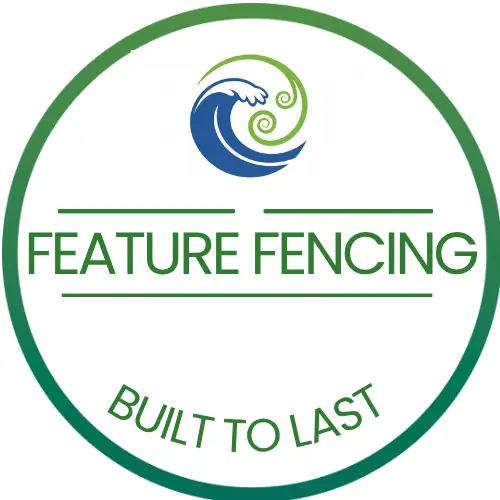 “Feature Fencing logo with a blue and green wave design above the text ‘Feature Fencing’ and the tagline ‘Built to Last’ inside a green circular border